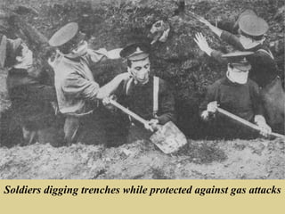 Soldiers digging trenches while protected against gas attacks
 