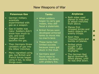 New Weapons of War
     Poisonous Gas                    Tanks                 Airplanes
•   German military           • When soldiers          • Both sides used
    scientists                                           planes to map and
                                began to carry gas       to attack trenches
    experimented with           masks, they still        from above.
    gas as a weapon.
                                faced a stalemate.     • Planes first
•   Gas in battle was                                    dropped brinks and
    risky: Soldiers didn’t    • British forces soon
                                                         heavy objects on
    know how much to            developed armored        enemy troops.
    use, and wind               tanks to move into
                                                       • Soon they
    changes could               no-man’s-land.           mounted guns and
    backfire the gas.                                    bombs on planes.
                              • These tanks had
•   Then Germans threw          limited success        • Skilled pilots
    canisters of gas into       because many got         sought in air
    the Allies’ trenches.                                battles called
                                stuck in the mud.        dogfights.
•   Many regretted using
                              • Germans soon           • The German Red
    gas, but British and
    French forces began         found ways to            Baron downed 80
                                destroy the tanks        Allied planes, until
    using it too, to keep                                he was shot down.
    things even.                with artillery fire.
 