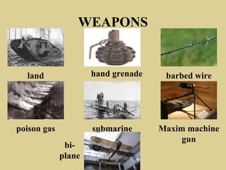 WEAPONS


  land               hand grenade      barbed wire
ship/tank



poison gas           submarine        Maxim machine
                                           gun
              bi-
             plane    CICERO © 2008
 