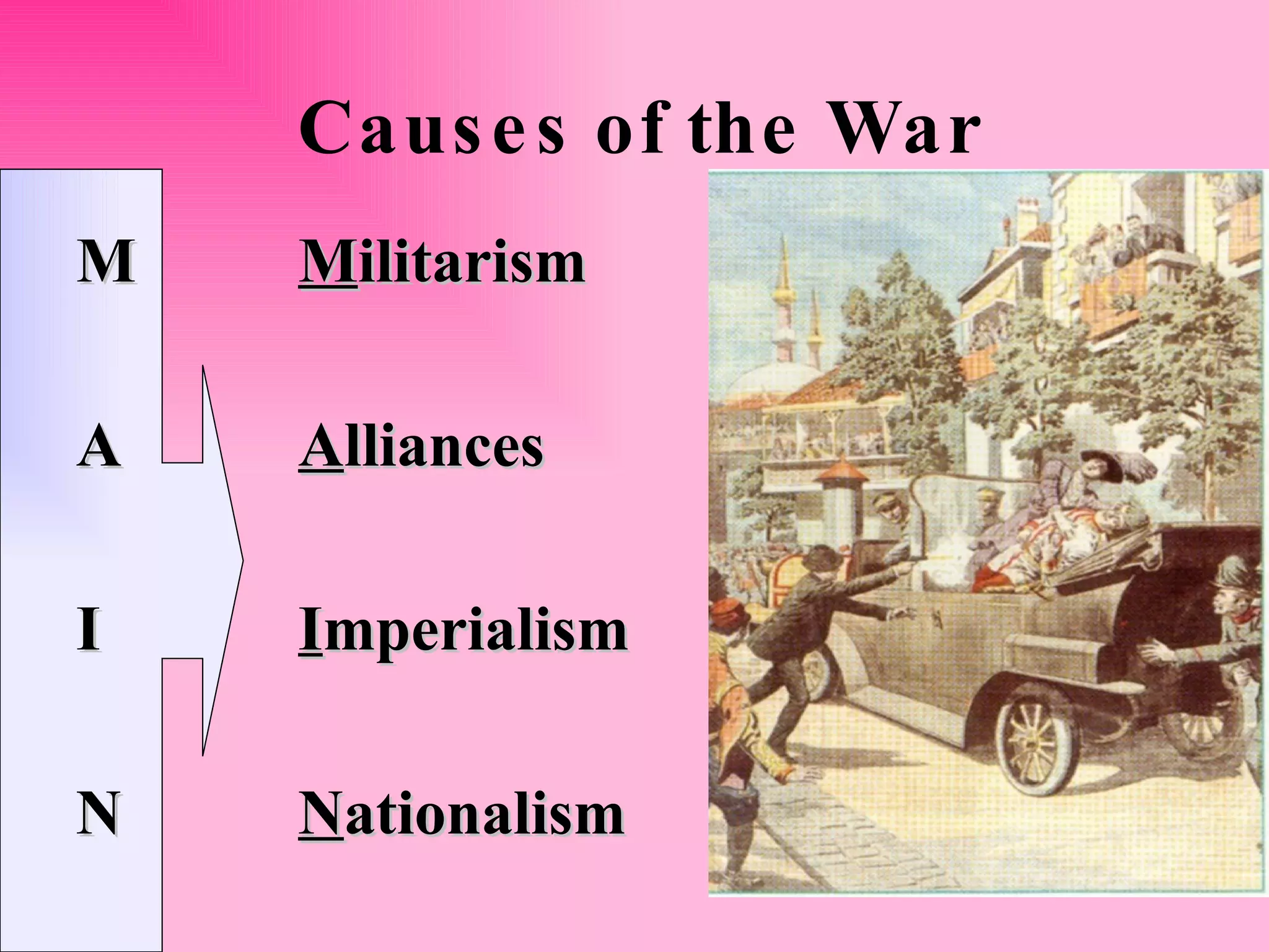 Causes of the War M    M ilitarism A   A lliances I   I mperialism N   N ationalism 