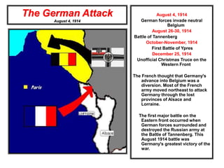 The German Attack
August 4, 1914
August 4, 1914
German forces invade neutral
Belgium
August 26-30, 1914
Battle of Tannenberg
October-November, 1914
First Battle of Ypres
December 25, 1914
Unofficial Christmas Truce on the
Western Front
The French thought that Germany's
advance into Belgium was a
diversion. Most of the French
army moved northeast to attack
Germany through the lost
provinces of Alsace and
Lorraine.
The first major battle on the
Eastern front occurred when
German forces surrounded and
destroyed the Russian army at
the Battle of Tannenberg. This
August 1914 battle was
Germany's greatest victory of the
war.
 