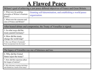 A Flawed Peace
Wilson’s goal of achieving a just peace differed objectives of France and Great Britain.
1. What were the guiding                 Granting self-determination, and establishing a world peace
principles of Wilson’s Fourteen
Points?
                                         organization.
2. What were the concerns and
aims of France and Britain?

After heated debate and compromise, the Treaty of Versailles is signed.
3. In what ways did the
treaty punish Germany?
4. How did the treaty
change the world map?
5. How was Wilson’s Fourteenth
Point incorporated into the treaty?



The legacy of Versailles was one of bitterness and loss.
6. Why did the United
States reject the treaty?
7. How did this rejection affect
the league of nations?
8. Why did many countries feel bitter
and cheated as a result of the treaty?
 