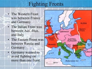 Fighting Fronts The Western Front was between France and Germany The Italian Front was between Aus.-Hun. and Italy The Eastern Front was between Russia and Germany Germany wanted to avoid fighting on more than one front. 