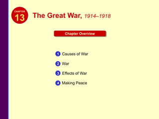 CHAPTER


13        The Great War, 1914–1918

                     Chapter Overview




                 1 Causes of War

                 2 War

                 3 Effects of War

                 4 Making Peace
 