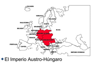 El Imperio Austro-Húngaro PORTUGAL IMPERIO ALEMAN AUSTRIA-HUNGRÍA RUSIA INGLATERRA FRANCIA ESPAÑA ITALIA ISLANDIA NORUEGA FINLANDIA DINAMARCA HOLANDA IRLANDA BÉLGICA ALBANIA SUIZA RUMANIA SERBIA GRECIA BULGARIA IMPERIO OTOMANO SUECIA 