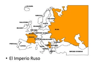 El Imperio Ruso PORTUGAL IMPERIO ALEMAN AUSTRIA-HUNGRÍA RUSIA INGLATERRA FRANCIA ESPAÑA ITALIA ISLANDIA NORUEGA FINLANDIA DINAMARCA HOLANDA IRLANDA BÉLGICA ALBANIA SUIZA RUMANIA SERBIA GRECIA BULGARIA IMPERIO OTOMANO SUECIA 