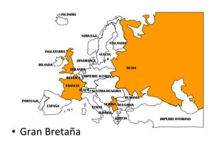 Gran Bretaña PORTUGAL IMPERIO ALEMAN AUSTRIA-HUNGRÍA RUSIA INGLATERRA FRANCIA ESPAÑA ITALIA ISLANDIA NORUEGA FINLANDIA DINAMARCA HOLANDA IRLANDA BÉLGICA ALBANIA SUIZA RUMANIA SERBIA GRECIA BULGARIA IMPERIO OTOMANO SUECIA 
