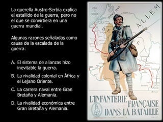 Algunas razones señaladas como causa de la escalada de la guerra: El sistema de alianzas hizo inevitable la guerra. La rivalidad colonial en África y el Lejano Oriente. La carrera naval entre Gran Bretaña y Alemania. La rivalidad económica entre Gran Bretaña y Alemania. La querella Austro-Serbia explica el estallido de la guerra, pero no el que se convirtiera en una guerra mundial. 