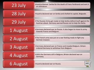 23 July

• Austria blamed Serbia for the death of Franz Ferdinand and sent it
an ultimatum.

28 July

• Austria declared war on Serbia and shelled its capital, Belgrade.

29 July

• The Russian Army got ready to help Serbia defend itself against the
Austrian attack. Germany warned Russia not to help the Serbs.

1 August

• Germany declared war on Russia. It also began to move its army
towards France and Belgium.

2 August

• The French army was put on a war footing ready to fight any
German invasion.

3 August

• Germany declared war on France and invaded Belgium. Britain
ordered Germany to withdraw from Belgium.

4 August

• With the Germans still in Belgium, Britain declared war on
Germany.

6 August

• Austria declared war on Russia.

 