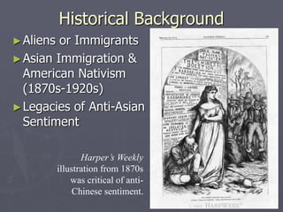 Historical BackgroundHistorical Background
►Aliens or ImmigrantsAliens or Immigrants
►Asian Immigration &Asian Immigration &
American NativismAmerican Nativism
(1870s-1920s)(1870s-1920s)
►Legacies of Anti-AsianLegacies of Anti-Asian
SentimentSentiment
Harper’s Weekly
illustration from 1870s
was critical of anti-
Chinese sentiment.
 