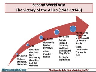 Second World War
The victory of the Allies (1942-19145)
1942-1943
Midway,
Stalingrad,
El Alamein
1943
Mussolini
dismissed
Italy
invaded by
the Allies
and the
Germans
June 1944
Normandy
landing
(«D Day»)
Allies
invaded
France
August 1945
Hiroshima
and Nagasaki
US Atomic
Bombs
Japan
surrendered
The war is
over
1944-1945
Soviets
invaded
Germany
and took
Berlin (April-
May 1945)
Germany
capitulated
 