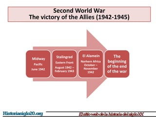 Second World War
The victory of the Allies (1942-1945)
Midway
Pacific
June 1942
Stalingrad
Eastern Front
August 1942 –
February 1943
El Alamein
Norhern Africa
October –
November
1942
The
beginning
of the end
of the war
 