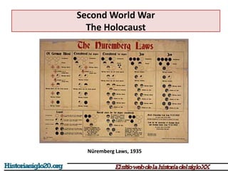 Second World War
The Holocaust
Nüremberg Laws, 1935
 