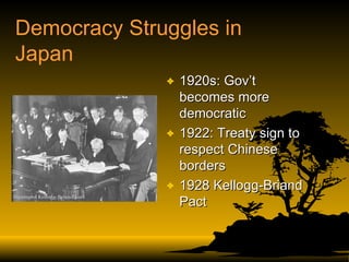 Democracy Struggles in Japan 1920s: Gov’t becomes more democratic 1922: Treaty sign to respect Chinese borders 1928 Kellogg-Briand Pact 
