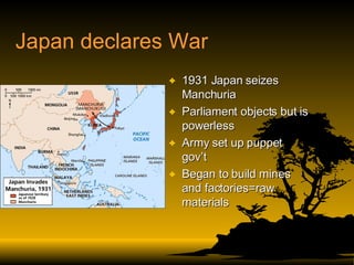 Japan declares War 1931 Japan seizes Manchuria Parliament objects but is powerless Army set up puppet gov’t Began to build mines and factories=raw materials 