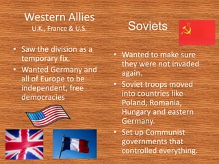 Western Allies
     U.K., France & U.S.       Soviets
• Saw the division as a
  temporary fix.           • Wanted to make sure
                             they were not invaded
• Wanted Germany and         again.
  all of Europe to be
  independent, free        • Soviet troops moved
  democracies                into countries like
                             Poland, Romania,
                             Hungary and eastern
                             Germany.
                           • Set up Communist
                             governments that
                             controlled everything.
 