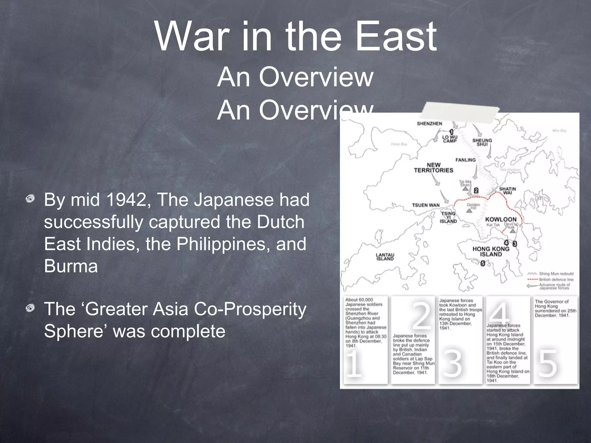 War in the East
                     An Overview
                     An Overview


By mid 1942, The Japanese had
successfully captured the Dutch
East Indies, the Philippines, and
Burma

The ‘Greater Asia Co-Prosperity
Sphere’ was complete
 