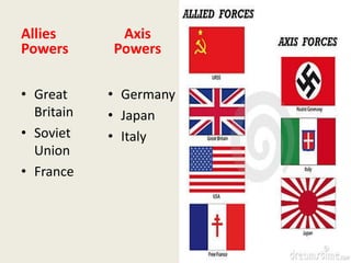 Allies
Powers
• Great
Britain
• Soviet
Union
• France
Axis
Powers
• Germany
• Japan
• Italy
 