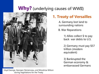 10
Why? (underlying causes of WWII)
1. Treaty of Versailles
A. Germany lost land to
surrounding nations
B. War Reparations
1) Allies collect $ to pay
back war debts to U.S.
2) Germany must pay $57
trillion (modern
equivalent)
3) Bankrupted the
German economy &
embarrassed Germans
Lloyd George, Georges Clemenceau, and Woodrow Wilson
during negotiations for the Treaty
 