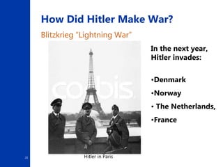 20
How Did Hitler Make War?
Blitzkrieg “Lightning War”
In the next year,
Hitler invades:
•Denmark
•Norway
• The Netherlands,
•France
Hitler in Paris
 