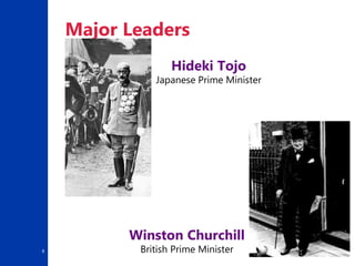 8
Major Leaders
Hideki Tojo
Japanese Prime Minister
Winston Churchill
British Prime Minister
 