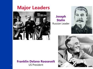 9
Major Leaders
Franklin Delano Roosevelt
US President
Joseph
Stalin
Russian Leader
 