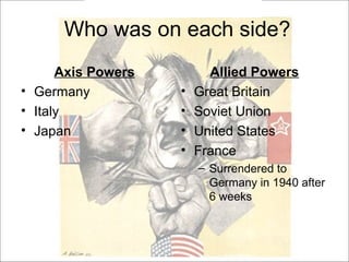 Who was on each side?
Axis Powers
• Germany
• Italy
• Japan
Allied Powers
• Great Britain
• Soviet Union
• United States
• France
– Surrendered to
Germany in 1940 after
6 weeks
 