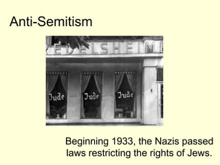 Anti-Semitism




        Beginning 1933, the Nazis passed
        laws restricting the rights of Jews.
 