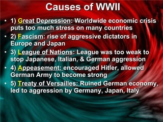 Causes of WWII 1)  G reat Depression : Worldwide economic crisis puts too much stress on many countries 2)  F ascism : rise of aggressive dictators in Europe and Japan 3)  L eague of Nations : League was too weak to stop Japanese, Italian, & German aggression 4)  A ppeasement:  encouraged Hitler, allowed German Army to become strong 5)  T reaty of Versailles:  Ruined German economy, led to aggression by Germany, Japan, Italy 