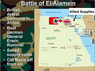 Battle of El Alamein British defeat Germans in Africa Beat German General Erwin Rommel Saved supply route Cut Nazis off from oil Allied Supplies 