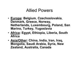 Allied Powers
Europe: Belgium, Czechoslovakia,
Denmark, Greece, Norway,
Netherlands, Luxembourg, Poland, San
Marino, Turkey, Yugoslavia
Africa: Egypt, Ethiopia, Liberia, South
Africa
Asia/Other: China, India, Iran, Iraq,
Mongolia, Saudi Arabia, Syria, New
Zealand, Australia, Canada
 