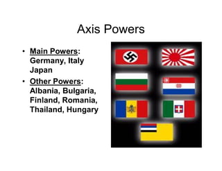 Axis Powers
Main Powers:
Germany, Italy
Japan
Other Powers:
Albania, Bulgaria,
Finland, Romania,
Thailand, Hungary
 