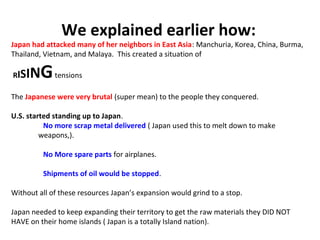 We explained earlier how:
Japan had attacked many of her neighbors in East Asia: Manchuria, Korea, China, Burma,
Thailand, Vietnam, and Malaya. This created a situation of
RISINGtensions
The Japanese were very brutal (super mean) to the people they conquered.
U.S. started standing up to Japan.
No more scrap metal delivered ( Japan used this to melt down to make
weapons,).
No More spare parts for airplanes.
Shipments of oil would be stopped.
Without all of these resources Japan’s expansion would grind to a stop.
Japan needed to keep expanding their territory to get the raw materials they DID NOT
HAVE on their home islands ( Japan is a totally Island nation).
 