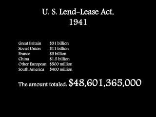 Great Britain $31 billion
Soviet Union $11 billion
France $3 billion
China $1.5 billion
Other European $500 million
South America $400 million
The amount totaled: $48,601,365,000
U. S. Lend-Lease Act,
1941
 