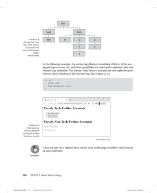 0005390137.INDD 110 Trim size: 7.375 in × 9.25 in June 13, 2022 7:28 AM
110 BOOK 2 Basic Web Coding
In the following example, the anchor tags that are immediate children of the par-
agraph tags are selected, and those hyperlinks are styled with a red font color and
without any underline. The Parody Tech Twitter accounts are not styled because
they are direct children of the list item tag. (See Figure 4-7.)
p  a {
color: red;
text-decoration: none;
}
If you use just the a selector here, all the links on the page would be styled instead
of just a selection.
FIGURE 4-6:
Parody Tech and
Non-Tech Twitter
account (HTML
tree or Document
Object
Model view).
FIGURE 4-7:
Child selector
used to style the
Parody Non-Tech
Twitter accounts.
© John Wiley  Sons
 