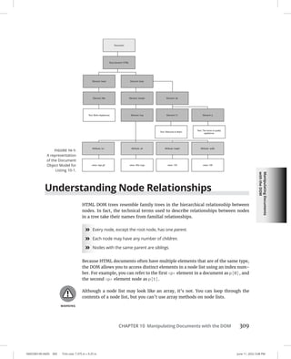 Manipulating
Documents
with
the
DOM
0005390149.INDD 309 Trim size: 7.375 in × 9.25 in June 11, 2022 3:08 PM
CHAPTER 10 Manipulating Documents with the DOM 309
Understanding Node Relationships
HTML DOM trees resemble family trees in the hierarchical relationship between
nodes. In fact, the technical terms used to describe relationships between nodes
in a tree take their names from familial relationships.
»
» Every node, except the root node, has one parent.
»
» Each node may have any number of children.
»
» Nodes with the same parent are siblings.
Because HTML documents often have multiple elements that are of the same type,
the DOM allows you to access distinct elements in a node list using an index num-
ber. For example, you can refer to the first p element in a document as p[0], and
the second p element node as p[1].
Although a node list may look like an array, it’s not. You can loop through the
contents of a node list, but you can’t use array methods on node lists.
FIGURE 10-1:
A representation
of the Document
Object Model for
Listing 10-1.
 