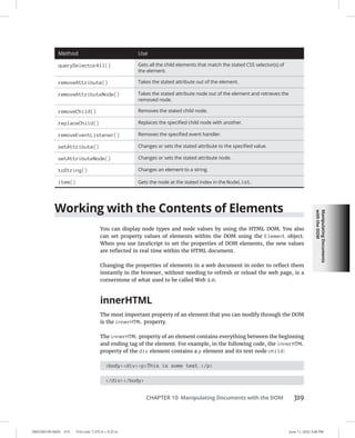 Manipulating
Documents
with
the
DOM
0005390149.INDD 319 Trim size: 7.375 in × 9.25 in June 11, 2022 3:08 PM
CHAPTER 10 Manipulating Documents with the DOM 319
Working with the Contents of Elements
You can display node types and node values by using the HTML DOM. You also
can set property values of elements within the DOM using the Element object.
When you use JavaScript to set the properties of DOM elements, the new values
are reflected in real time within the HTML document.
Changing the properties of elements in a web document in order to reflect them
instantly in the browser, without needing to refresh or reload the web page, is a
cornerstone of what used to be called Web 2.0.
innerHTML
The most important property of an element that you can modify through the DOM
is the innerHTML property.
The innerHTML property of an element contains everything between the beginning
and ending tag of the element. For example, in the following code, the innerHTML
property of the div element contains a p element and its text node child:
bodydivpThis is some text./p
/div/body
Method Use
querySelectorAll() Gets all the child elements that match the stated CSS selector(s) of
the element.
removeAttribute() Takes the stated attribute out of the element.
removeAttributeNode() Takes the stated attribute node out of the element and retrieves the
removed node.
removeChild() Removes the stated child node.
replaceChild() Replaces the specified child node with another.
removeEventListener() Removes the specified event handler.
setAttribute() Changes or sets the stated attribute to the specified value.
setAttributeNode() Changes or sets the stated attribute node.
toString() Changes an element to a string.
item() Gets the node at the stated index in the NodeList.
 