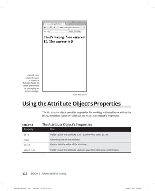 0005390149.INDD 324 Trim size: 7.375 in × 9.25 in June 11, 2022 3:08 PM
324 BOOK 3 Advanced Web Coding
Using the Attribute Object’s Properties
The Attribute object provides properties for working with attributes within the
HTML elements. Table 10-5 lists all the Attribute object’s properties.
FIGURE 10-4:
Using the get
Elements
ByClassName to
select an element
for displaying an
error message.
© John Wiley  Sons
TABLE 10-5 The Attribute Object’s Properties
Property Use
isId Yields true if the attribute is an id; otherwise, yields false.
name Gets the name of the attribute.
value Gets or sets the value of the attribute.
specified Yields true if the attribute has been specified; otherwise, yields false.
 