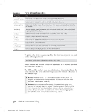 0005390151.INDD 346 Trim size: 7.375 in × 9.25 in June 11, 2022 3:11 PM
346 BOOK 3 Advanced Web Coding
To get the value of the name property of the first form in a document, you could
use the following statement:
document.getElementByTagName(form)[0].name
A more common way to access a form is by assigning it an id attribute and using
getElementById to select it.
The DOM provides another, more convenient method for accessing forms: the
forms collection. The forms collection lets you access the forms in a document in
two different ways:
»
» By index number: When a form element is created in the document, it is
assigned an index number, starting with zero. To access the first form in the
document, use document.forms[0].
»
» By name: You can also access forms using the name attribute of the form
element. For example, to get the value of the action property of a form with a
name of subscribeForm, you would use document.forms.subscribeForm.
action. Or you can use the square brackets method of accessing properties
and write document.forms[subscribeForm].action.
TABLE 12-2 Form Object Properties
Property Use
acceptCharset Gets or sets a list of character sets that are supported by the server.
action Gets or sets the value of the action attribute of the form element.
autocomplete Gets or sets whether input elements can have their values automatically completed by
the browser.
encoding Tells the browser how to encode the form data (either as text or as a file). This property
is synonymous with enctype.
enctype Tells the browser how to encode the form data (either as text or as a file).
length Gets the number of controls in the form.
method Gets or sets the HTTP method the browser uses to submit the form.
name Gets or sets the name of the form.
noValidate Indicates that the form does not need to be validated upon submittal.
target Indicates the place to display the results of a submitted form.
 