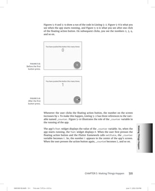Making
Things
Happen
0005390158.INDD 511 Trim size: 7.375 in × 9.25 in June 11, 2022 3:34 PM
CHAPTER 5 Making Things Happen 511
Figures 5-8 and 5-9 show a run of the code in Listing 5-2. Figure 5-8 is what you
see when the app starts running, and Figure 5-9 is what you see after one click
of the floating action button. On subsequent clicks, you see the numbers 2, 3, 4,
and so on.
Whenever the user clicks the floating action button, the number on the screen
increases by 1. To make this happen, Listing 5-2 has three references to the vari-
able named _counter. Figure 5-10 illustrates the role of the _counter variable in
the running of the app.
The app’s Text widget displays the value of the _counter variable. So, when the
app starts running, the Text widget displays 0. When the user first presses the
floating action button and the Flutter framework calls setState, the _counter
variable becomes 1. So, the number 1 appears in the center of the app’s screen.
When the user presses the action button again, _counter becomes 2, and so on.
FIGURE 5-8:
Before the first
button press.
FIGURE 5-9:
After the first
­button press.
 