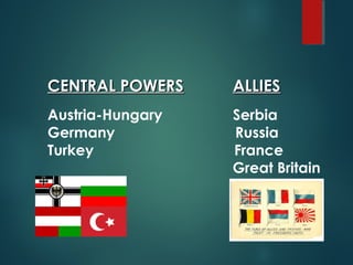 CENTRAL POWERSCENTRAL POWERS ALLIESALLIES
Austria-Hungary Serbia
Germany Russia
Turkey France
Great Britain
 
