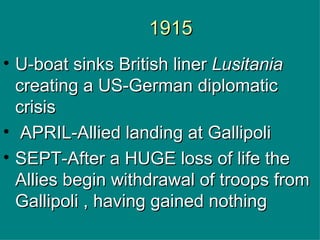 1915 U-boat sinks British liner  Lusitania  creating a US-German diplomatic crisis  APRIL-Allied landing at Gallipoli  SEPT-After a HUGE loss of life the Allies begin withdrawal of troops from Gallipoli , having gained nothing 
