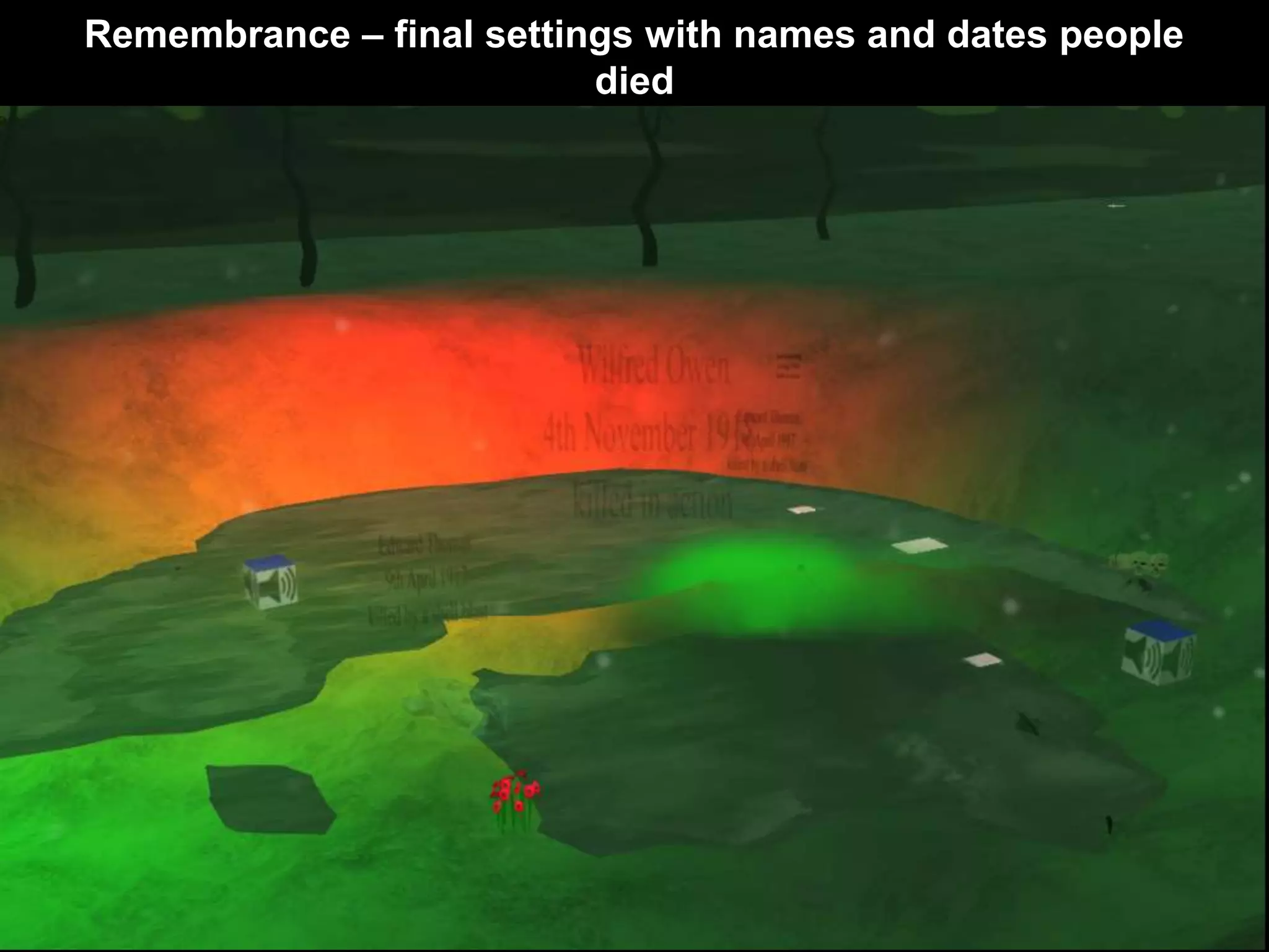 Remembrance – final settings with names and dates people
died