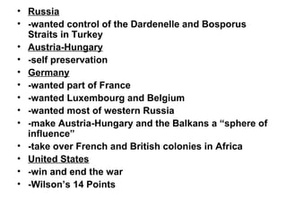 • Russia
• -wanted control of the Dardenelle and Bosporus
  Straits in Turkey
• Austria-Hungary
• -self preservation
• Germany
• -wanted part of France
• -wanted Luxembourg and Belgium
• -wanted most of western Russia
• -make Austria-Hungary and the Balkans a “sphere of
  influence”
• -take over French and British colonies in Africa
• United States
• -win and end the war
• -Wilson’s 14 Points
 