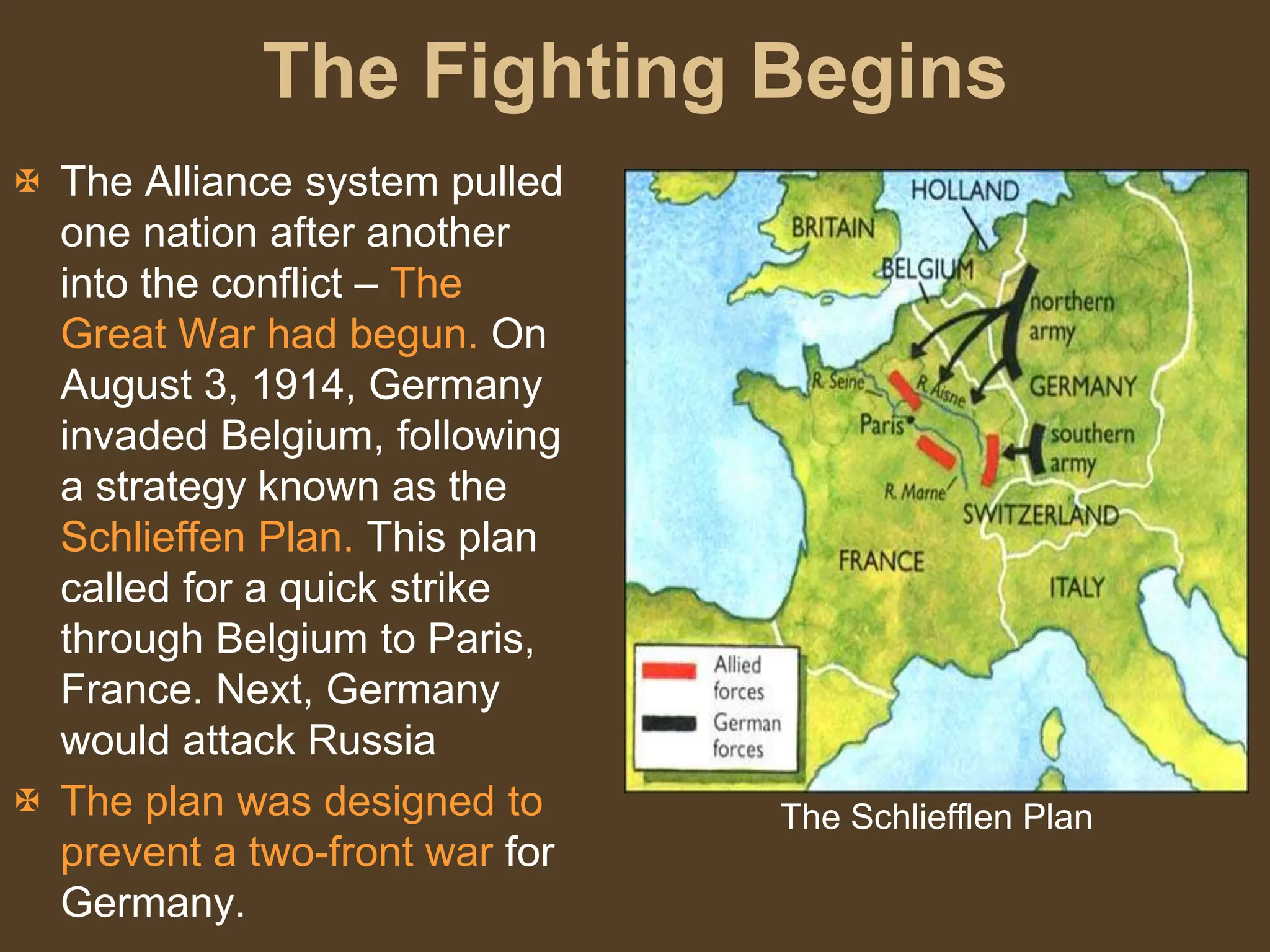 The Fighting Begins
 The Alliance system pulled
one nation after another
into the conflict – The
Great War had begun. On
August 3, 1914, Germany
invaded Belgium, following
a strategy known as the
Schlieffen Plan. This plan
called for a quick strike
through Belgium to Paris,
France. Next, Germany
would attack Russia
 The plan was designed to
prevent a two-front war for
Germany.
The Schliefflen Plan
 