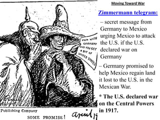 Moving Toward War

Zimmermann telegram:
– secret message from
Germany to Mexico
urging Mexico to attack
the U.S. if the U.S.
declared war on
Germany
– Germany promised to
help Mexico regain land
it lost to the U.S. in the
Mexican War.
* The U.S. declared war
on the Central Powers
in 1917.
 
