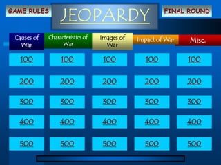 GAME RULES
                  JEOPARDY                             FINAL ROUND



 Causes of   Characteristics of   Images of   Impact of War   Misc.
   War             War              War

   100            100              100           100          100


  200             200             200           200           200

  300             300              300          300           300

  400             400             400           400           400


  500             500              500          500           500
 