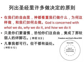 列出圣经里许多做决定的原则在我们的自由里，神都看重我们做什么，为何这样做，和我们如何去做。God is concerned with what we do, why we do it, and how we do it只是你们要谨慎，恐怕你们这自由，竟成了那软弱人的绊脚石。( 林前 8:9 ) 凡事我都可行。但不都有益处。( 林前 6:12 )