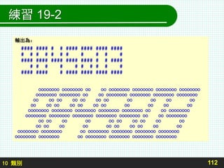 10 類別
練習 19-2
112
輸出為：
#### #### # # #### #### #### ####
# # # # # # # # # # #
#### #### #### #### #### # # ####
# # # # # # # # # #
#### #### # #### #### #### ####
OOOOOOOO OOOOOOOO OO OO OOOOOOOO OOOOOOOO OOOOOOOO OOOOOOOO
OOOOOOOO OOOOOOOO OO OO OOOOOOOO OOOOOOOO OOOOOOOO OOOOOOOO
OO OO OO OO OO OO OO OO OO OO OO
OO OO OO OO OO OO OO OO OO OO OO
OOOOOOOO OOOOOOOO OOOOOOOO OOOOOOOO OOOOOOOO OO OO OOOOOOOO
OOOOOOOO OOOOOOOO OOOOOOOO OOOOOOOO OOOOOOOO OO OO OOOOOOOO
OO OO OO OO OO OO OO OO OO OO
OO OO OO OO OO OO OO OO OO OO
OOOOOOOO OOOOOOOO OO OOOOOOOO OOOOOOOO OOOOOOOO OOOOOOOO
OOOOOOOO OOOOOOOO OO OOOOOOOO OOOOOOOO OOOOOOOO OOOOOOOO
 