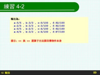 10 類別
練習 4-2
89
輸出為：
a:5/5 , b:3/3 , c:0/100 , f:92/100
a:2/5 , b:3/3 , c:3/100 , f:92/100
a:0/5 , b:2/3 , c:6/100 , f:92/100
a:4/5 , b:3/3 , c:6/100 , f:87/100
提示：<< 與 >> 運算子方法要回傳物件本身
 